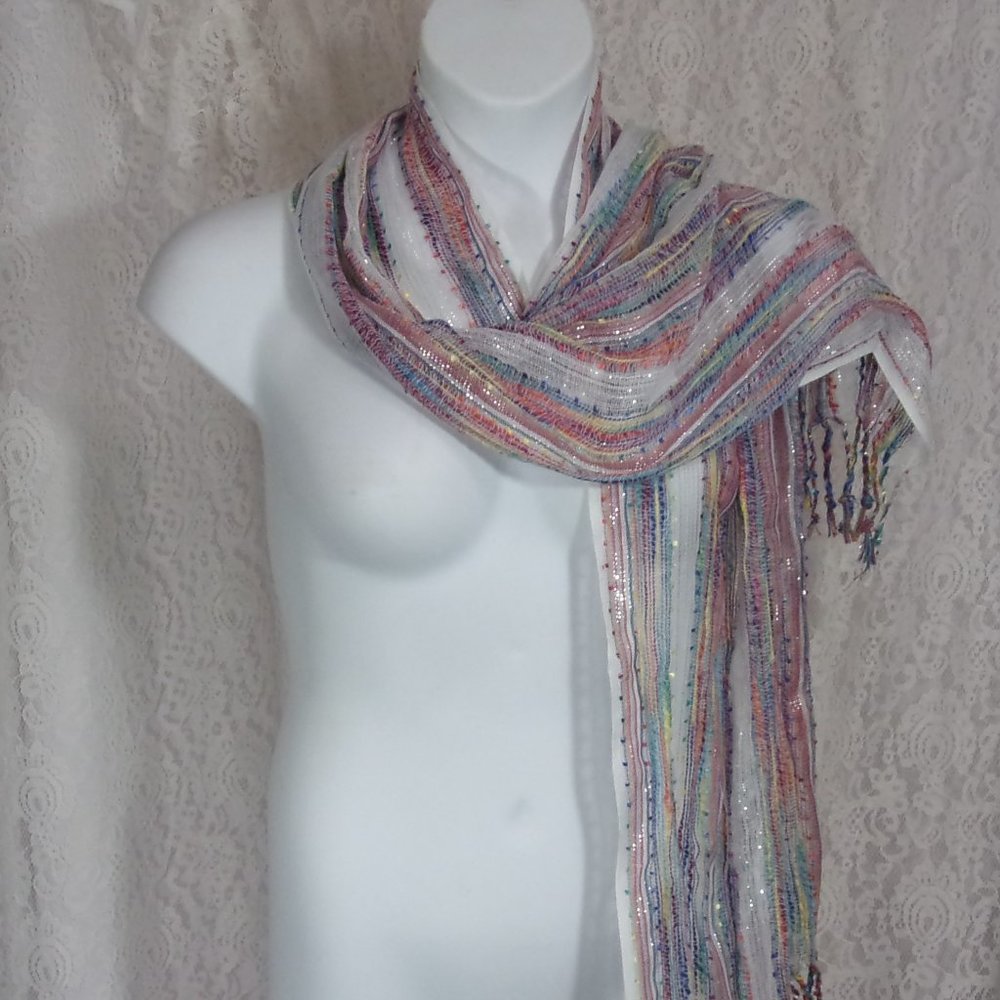 Woven Boucle Knit Multi Colors Metallic Thread on White background NWOT